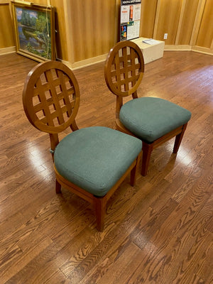 2 “McGuire” Portico Teak Chairs, Green Cushions