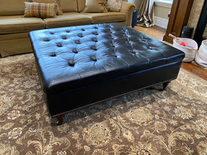 Cooper Bros Black Leather, Tufted Storage Ottoman on Casters