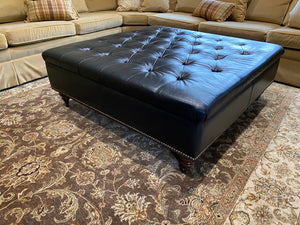 Cooper Bros Black Leather, Tufted Storage Ottoman on Casters