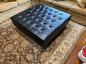Cooper Bros Black Leather, Tufted Storage Ottoman on Casters