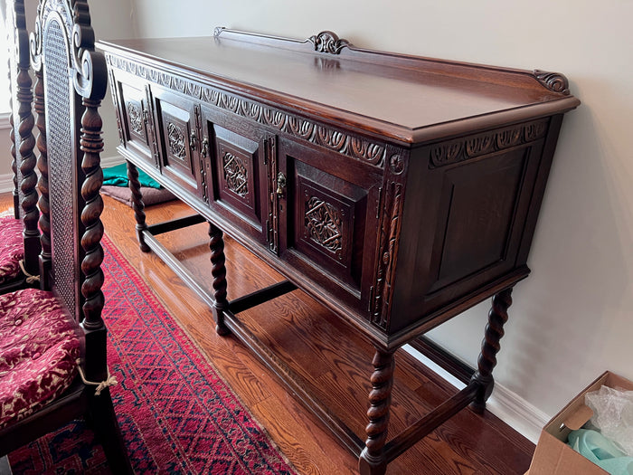 Antique Golden Oak Wood Carved, Barley Twist Sideboard.