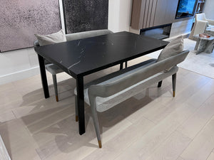 *BRAND NEW Custom Made Black Porcelain Top Dining Table, with 2 Sunpan Madura Banquettes in Belfast Heather Grey/Bravo Metal (*Retail value $6,400)