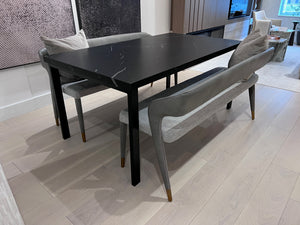 *BRAND NEW Custom Made Black Porcelain Top Dining Table, with 2 Sunpan Madura Banquettes in Belfast Heather Grey/Bravo Metal (*Retail value $6,400)