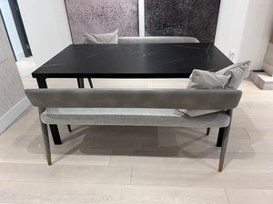 *BRAND NEW Custom Made Black Porcelain Top Dining Table, with 2 Sunpan Madura Banquettes in Belfast Heather Grey/Bravo Metal (*Retail value $6,400)