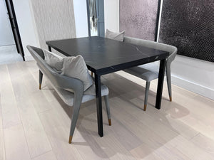 *BRAND NEW Custom Made Black Porcelain Top Dining Table, with 2 Sunpan Madura Banquettes in Belfast Heather Grey/Bravo Metal (*Retail value $6,400)