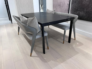 *BRAND NEW Custom Made Black Porcelain Top Dining Table, with 2 Sunpan Madura Banquettes in Belfast Heather Grey/Bravo Metal (*Retail value $6,400)