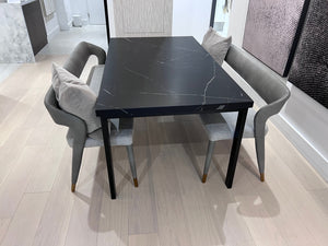 *BRAND NEW Custom Made Black Porcelain Top Dining Table, with 2 Sunpan Madura Banquettes in Belfast Heather Grey/Bravo Metal (*Retail value $6,400)