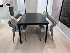 *BRAND NEW Custom Made Black Porcelain Top Dining Table, with 2 Sunpan Madura Banquettes in Belfast Heather Grey/Bravo Metal (*Retail value $6,400)