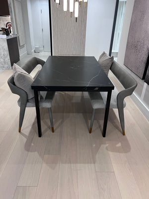 *BRAND NEW Custom Made Black Porcelain Top Dining Table, with 2 Sunpan Madura Banquettes in Belfast Heather Grey/Bravo Metal (*Retail value $6,400)
