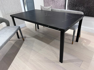 *BRAND NEW Custom Made Black Porcelain Top Dining Table, with 2 Sunpan Madura Banquettes in Belfast Heather Grey/Bravo Metal (*Retail value $6,400)