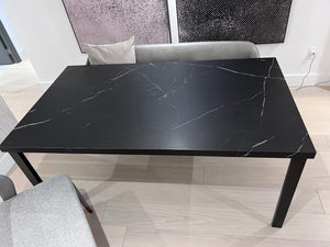 *BRAND NEW Custom Made Black Porcelain Top Dining Table, with 2 Sunpan Madura Banquettes in Belfast Heather Grey/Bravo Metal (*Retail value $6,400)