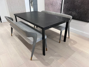 *BRAND NEW Custom Made Black Porcelain Top Dining Table, with 2 Sunpan Madura Banquettes in Belfast Heather Grey/Bravo Metal (*Retail value $6,400)