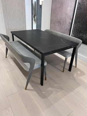 *BRAND NEW Custom Made Black Porcelain Top Dining Table, with 2 Sunpan Madura Banquettes in Belfast Heather Grey/Bravo Metal (*Retail value $6,400)