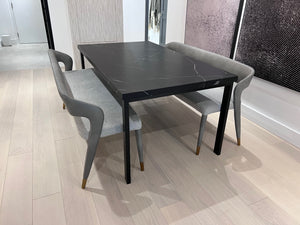 *BRAND NEW Custom Made Black Porcelain Top Dining Table, with 2 Sunpan Madura Banquettes in Belfast Heather Grey/Bravo Metal (*Retail value $6,400)