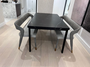 *BRAND NEW Custom Made Black Porcelain Top Dining Table, with 2 Sunpan Madura Banquettes in Belfast Heather Grey/Bravo Metal (*Retail value $6,400)