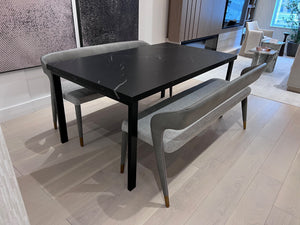 *BRAND NEW Custom Made Black Porcelain Top Dining Table, with 2 Sunpan Madura Banquettes in Belfast Heather Grey/Bravo Metal (*Retail value $6,400)