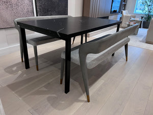*BRAND NEW Custom Made Black Porcelain Top Dining Table, with 2 Sunpan Madura Banquettes in Belfast Heather Grey/Bravo Metal (*Retail value $6,400)