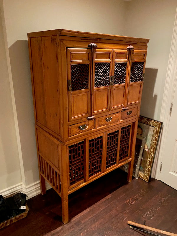 Oriental Open Panel Relief Carving Storage Stack Cabinet