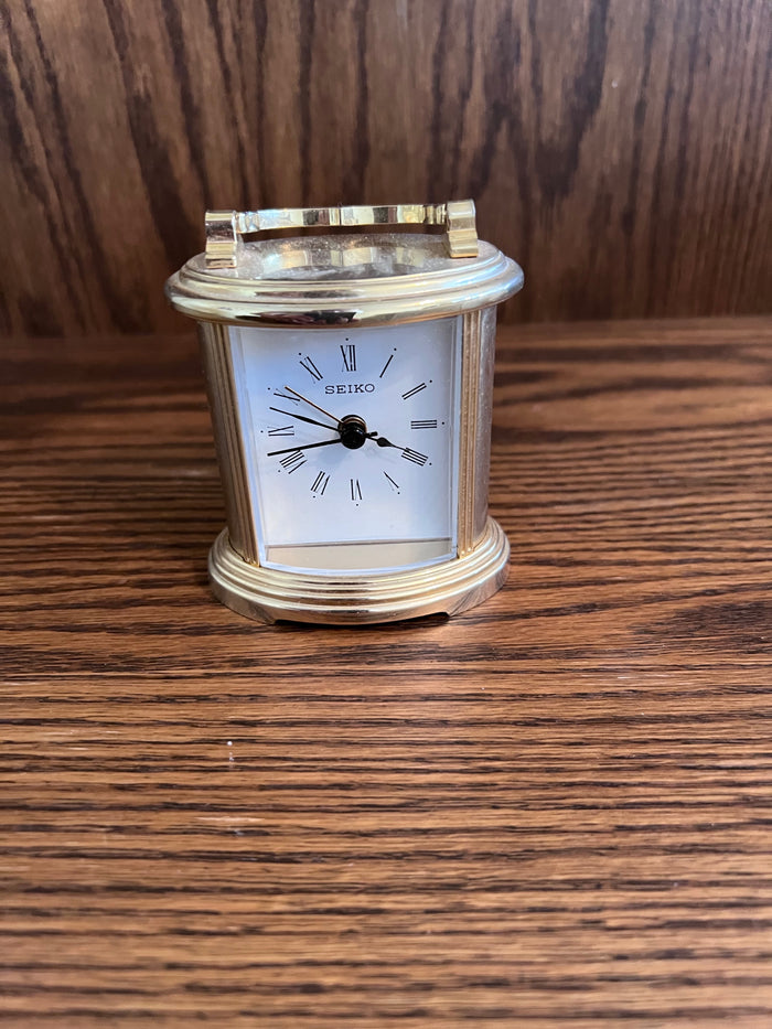 Seiko Clocks Gold Finish Quartz Battery Carriage Clock with Alarm QHE109G