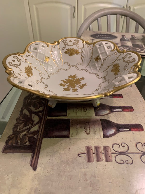 Vintage Reichenbach "R" Fine China, Made in Germany Gold & White Footed Bowl