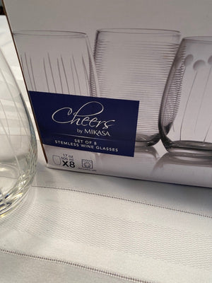 "Cheers" by Mikasa- Set of 8 Stemless Wine Glasses- BRAND NEW