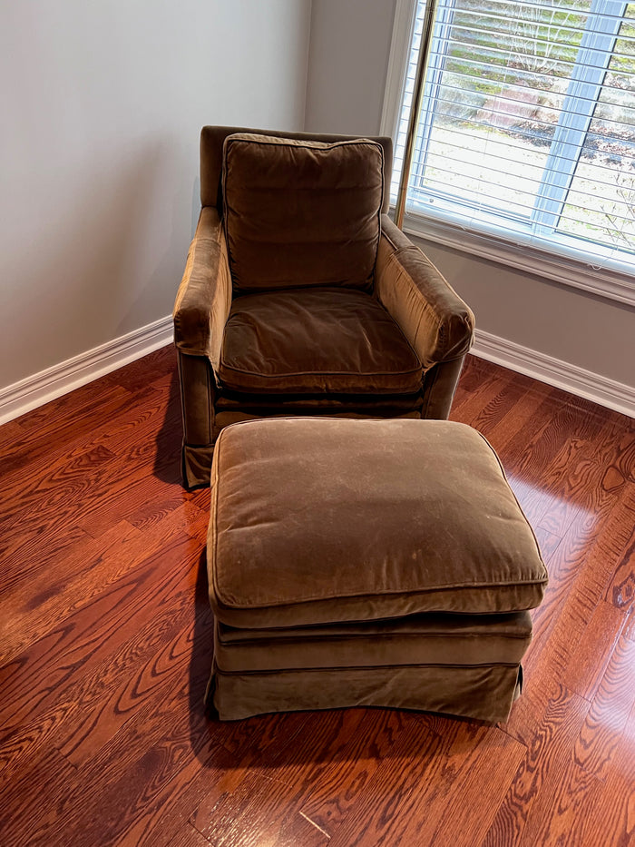 Brown Velvet Armchair + Ottoman