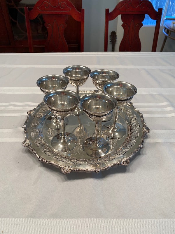 6 Silver Plated Wine Goblets + Platter