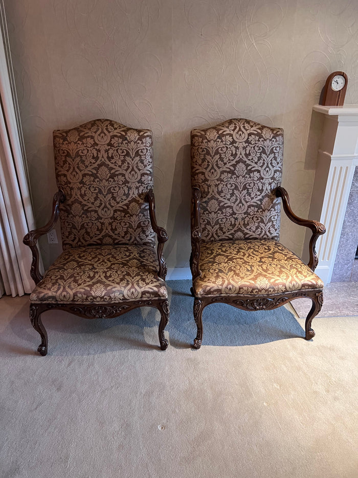 Pair of Large Upholstered Armchairs w/Wood Carved Frame