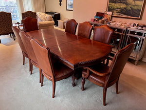 The Art Shoppe Double Pedestal Maple Dining Table + 8 Leather Dining Chairs