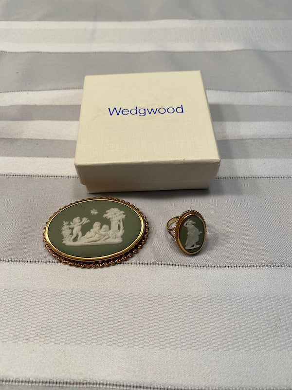 Vintage Wedgwood Sage Green Jasperware Pin & Matching Ring