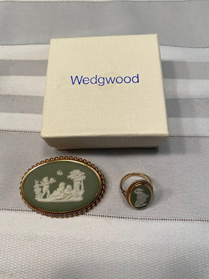 Vintage Wedgwood Sage Green Jasperware Pin & Matching Ring
