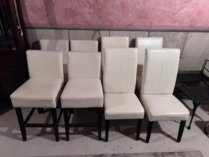 4 White Leather Counter Stools + 4 White Leather Chairs