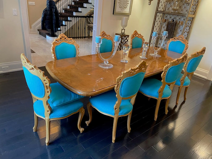 Carved Wood Double Pedestal Dining Table + 8 Carved Wood Chairs w/ Light Blue Upholstery