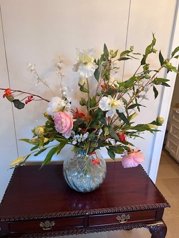 Ornate Glass Vase w/Glass Beads and Faux Flowers