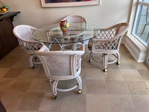 Round Glass Top Kitchen Table with White Rattan Base + 4 Chairs