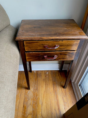 Wood Side Table w/ Red Handles