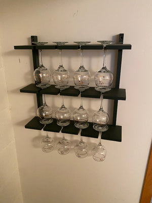 12 Wine Glasses, Gold Accents + Wall Mounted Holder