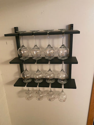 12 Wine Glasses, Gold Accents + Wall Mounted Holder