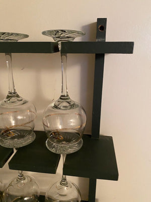 12 Wine Glasses, Gold Accents + Wall Mounted Holder