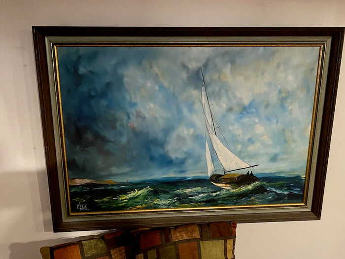 "Sailboat in Rough Waters"- Framed & Signed Painting