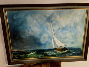 "Sailboat in Rough Waters"- Framed & Signed Painting