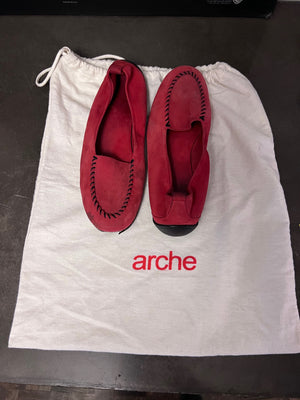 ARCHE Nubuck Suede Moccasin Stitch Square Toe Driving Loafer Cherry Red- Size 8