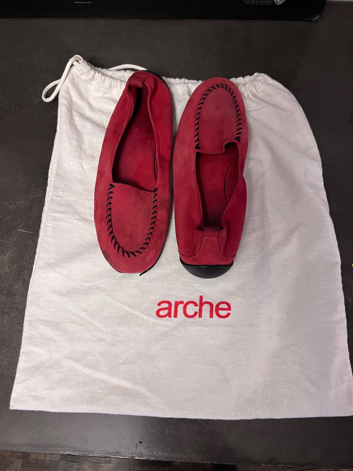 ARCHE Nubuck Suede Moccasin Stitch Square Toe Driving Loafer Cherry Red- Size 8
