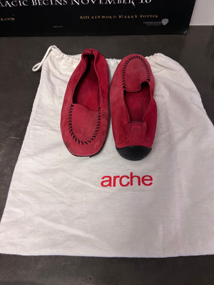 ARCHE Nubuck Suede Moccasin Stitch Square Toe Driving Loafer Cherry Red- Size 8