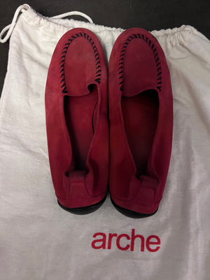 ARCHE Nubuck Suede Moccasin Stitch Square Toe Driving Loafer Cherry Red- Size 8
