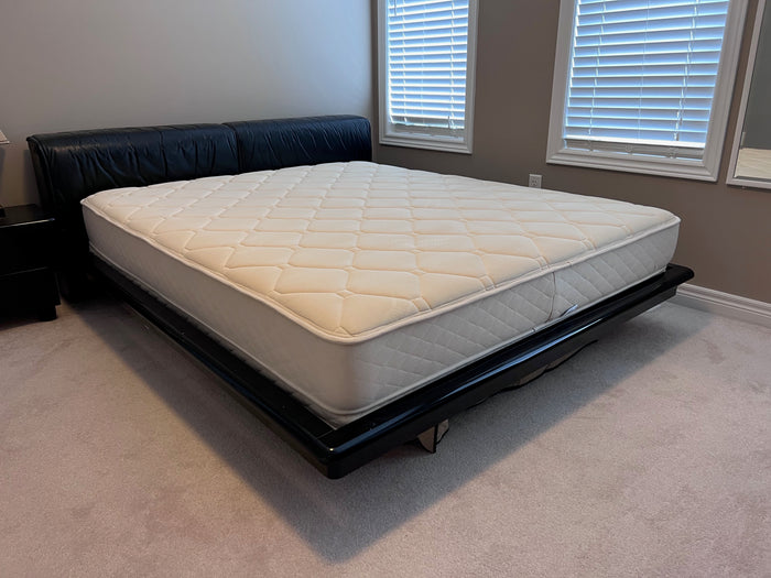 Vintage Black Lacquered King Platform Bed, Leather Headboard