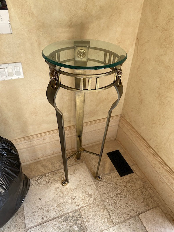 "Shaw-Pezzo" Glass Top Pedestal Table, Clawed Feet, Lion Head Accents (2 Available)