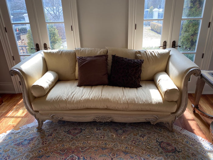 The Art Shoppe Sofa- Beige Upholstery, Rolled Arms & Curved Wood Frame