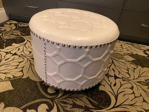 White Faux Leather Round Ottoman, Nailhead Trim