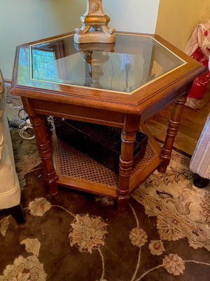 Glass Top, Cane Base Hexagon Shaped Side Table